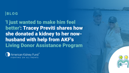 John and Tracey Previti on the beach with blue text overlay, "'I just wanted to make him feel better': Tracey Previti shares how she donated a kidney to her now-husband with help from AKF's Living Donor Assistance Program"