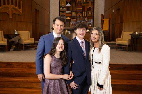 Halpern Family (Neil, Avery, Peyton and Emily) in formal attire at a synagogue
