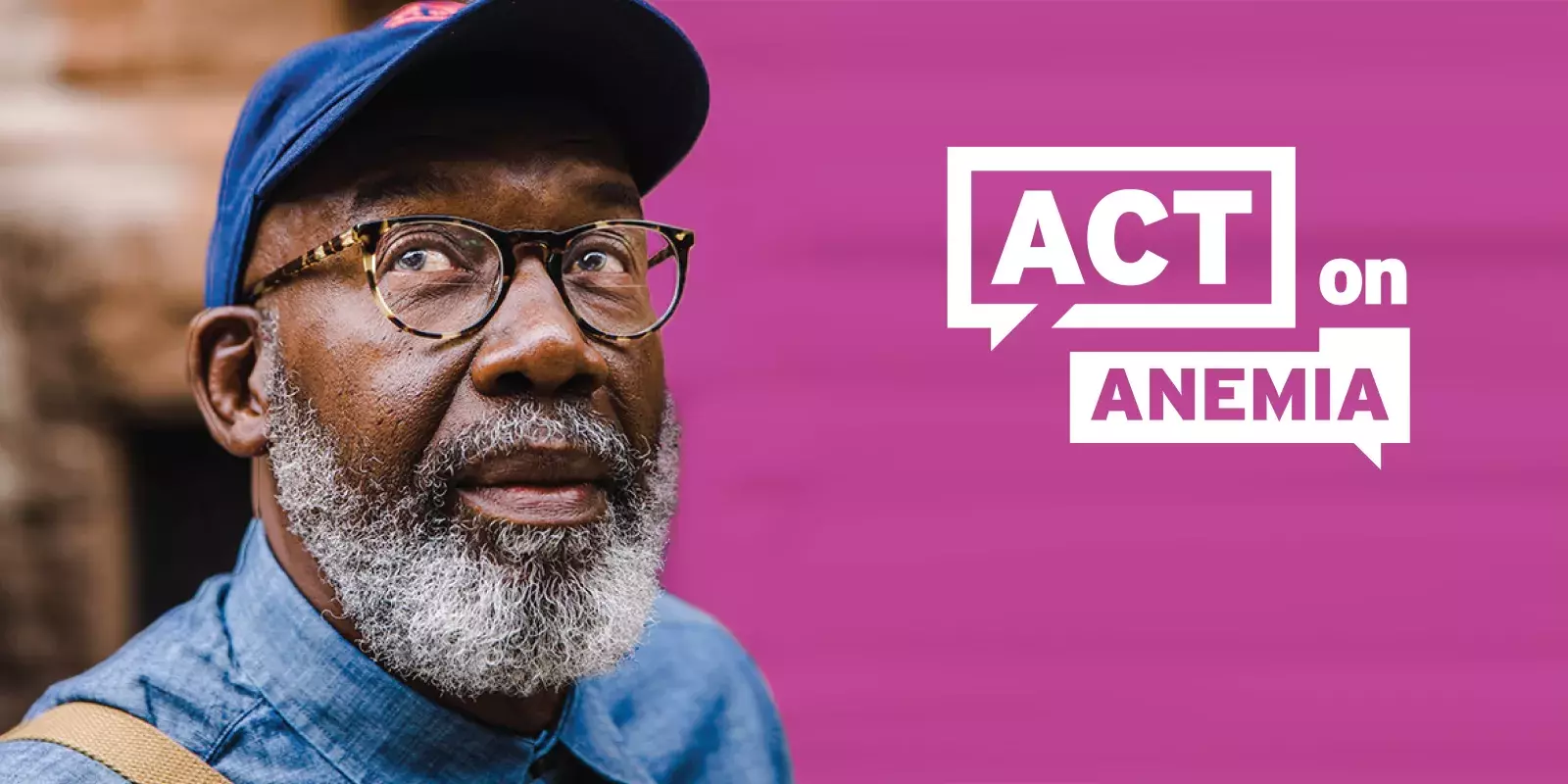 Man in hat looking up next to ACT on Anemia logo