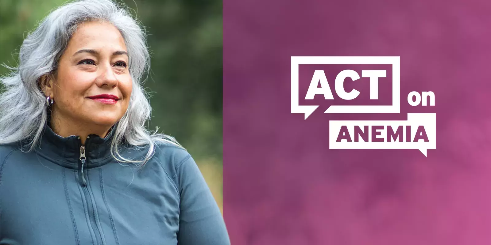 Woman smiling, next to ACT on Anemia logo