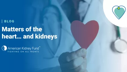 doctor with lab coat holding paper heart, blue overlay with text