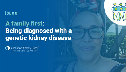 Selfie of Mary Biafra Denmark with blue text overlay, "A family first: Being diagnosed with a genetic kidney disease"