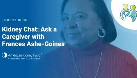 picture of featured caregiver Frances, blue overlay with text