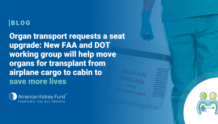 Person in green scrubs carrying a cooler with Human Organ for Transplant written on it with blue text overlay, "Organ transplant requests a seat upgrade: New FAA and DOT working group"