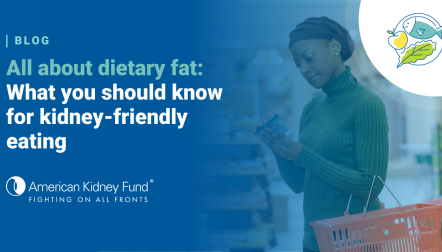 Black woman reading the nutrition label while standing in a grocery store with blue text overlay, "All about dietary fat"