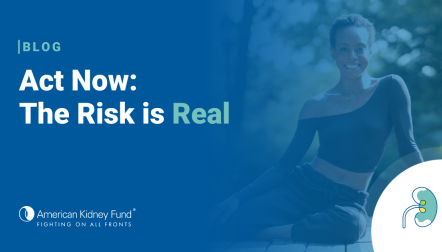 Victoria Gibbs sitting in athleisure outfit on a platform in the woods with blue text overlay, "Act Now: The Risk is Real"