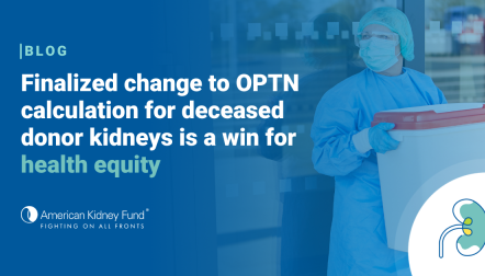 Health care professional in gown, mask, hat and gloves carrying a container while leaning against a door with blue text overlay, "Finalized change to OPTN calculation for deceased donor kidneys is a win for health equity"