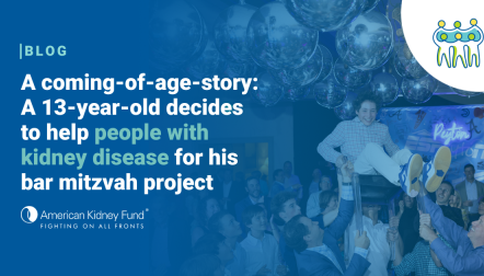 Peyton Halpern being lifted in a chair at his bar mitzvah with blue text overlay, "A coming-of-age story: A 13-year-old decides to help people with kidney disease"