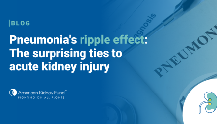 Pneumonia book with glasses and a stethoscope on top with blue text overlay, "Pneumonia's ripple effect: The surprising ties to acute kidney injury"