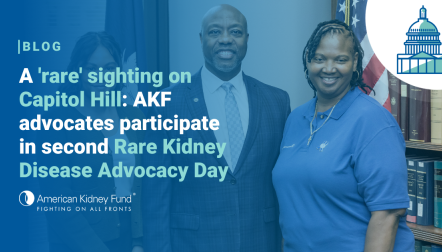 AKF Ambassador and staff with U.S. senator with blue text overlay, "A 'rare' sighting on Capitol Hill: AKF advocates participate in second Rare Kidney Disease Advocacy Day"