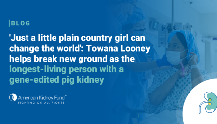 Towana Looney preparing for surgery, sitting on a gurney with blue text overlay, "'Just a little plain country girl can change the world': Towana Looney helps break new ground as the longest-living person with a gene-edited pig kidney"