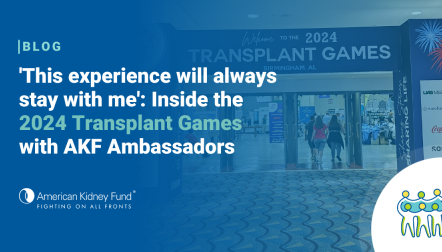 Archway at the 2024 Transplant Games with blue text overlay, "'This experience will always stay with me': Inside the 2024 Transplant Games with AKF Ambassadors"