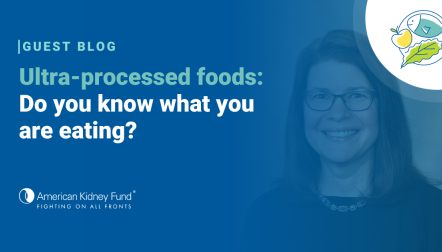 Headshot of Janelle Gonyea with blue text overlay, "Ultra-processed foods: Do you know what you are eating?"