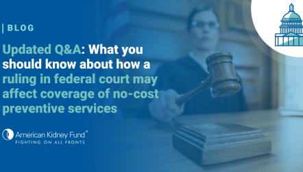 Female judge hitting a gavel with blue text overlay, "Updated Q&A: What you should know about how a ruling in federal court may affect coverage of no-cost preventive services"