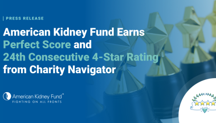 Star award statues in a row with blue text overlay, "American Kidney Fund Earns Perfect Score and 24th Consecutive 4-Star Rating from Charity Navigator"